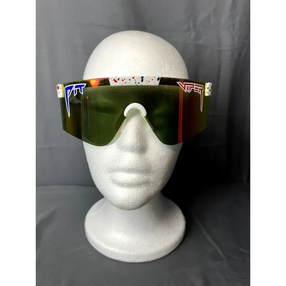 Pit Viper white splatter sunglasses with red and blue accents